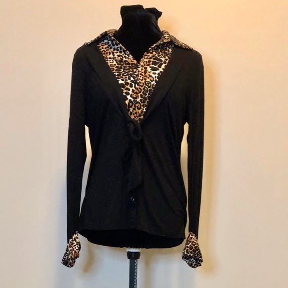 Leopard print blouse with tie-up bow mock cardigan - Picture 1 of 7